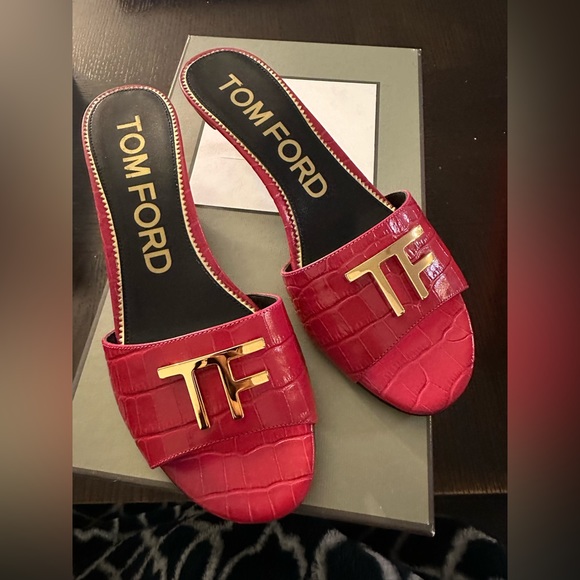 Tom ford logo croc embossed leather mules - rose red - 38 - Picture 4 of 7